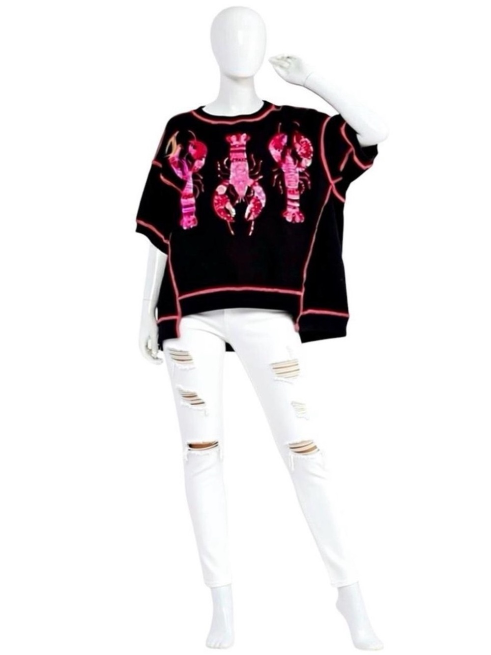 FANTASTIC FAWN black oversized sequin crawfish French Terry top S M L